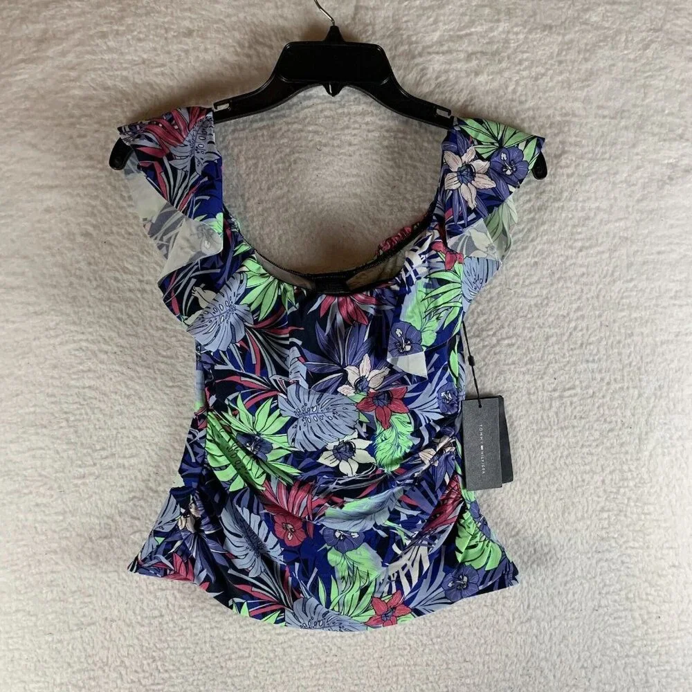 Tommy Hilfiger Tankini Top Womens XS Multicolor Printed Ruffled Off The Shoulder